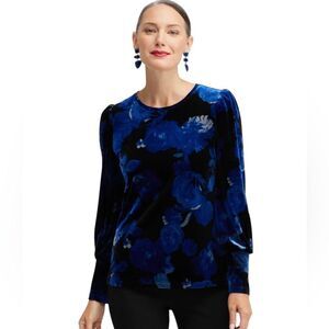 Chico’s Velvet black blue silver Floral Ruched Sleeve Top size extra large (3)